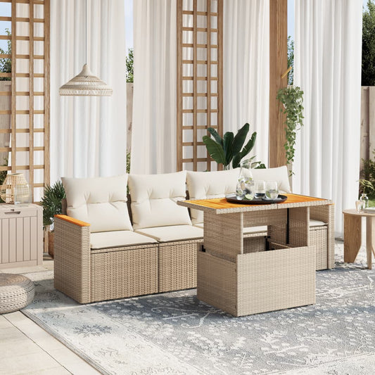 5-tlg. Garten-Sofagarnitur mit Kissen Beige Poly Rattan