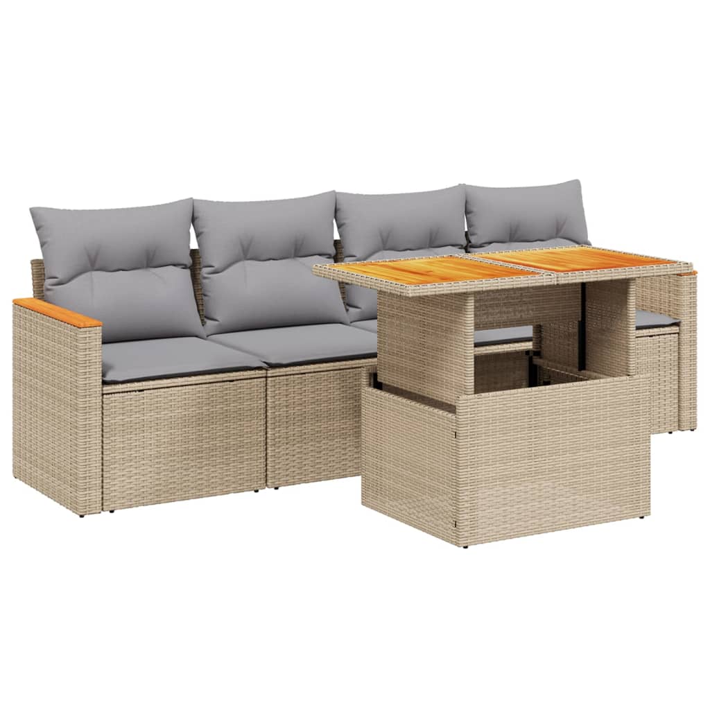 5-tlg. Garten-Sofagarnitur mit Kissen Beige Poly Rattan