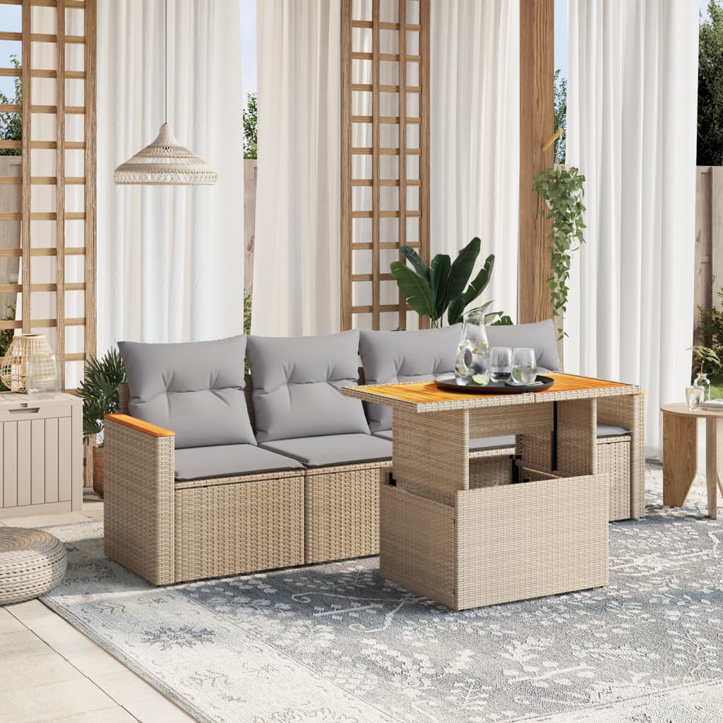 5-tlg. Garten-Sofagarnitur mit Kissen Beige Poly Rattan