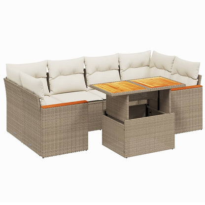 7-tlg. Garten-Sofagarnitur mit Kissen Beige Poly Rattan