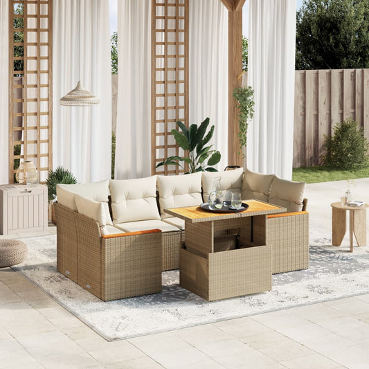 7-tlg. Garten-Sofagarnitur mit Kissen Beige Poly Rattan