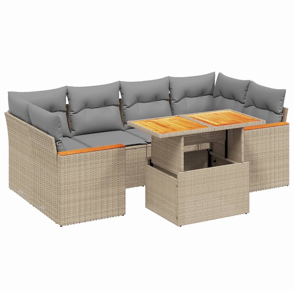 7-tlg. Garten-Sofagarnitur mit Kissen Beige Poly Rattan