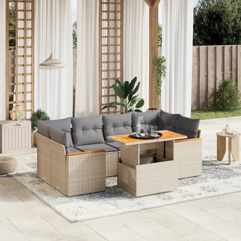 7-tlg. Garten-Sofagarnitur mit Kissen Beige Poly Rattan