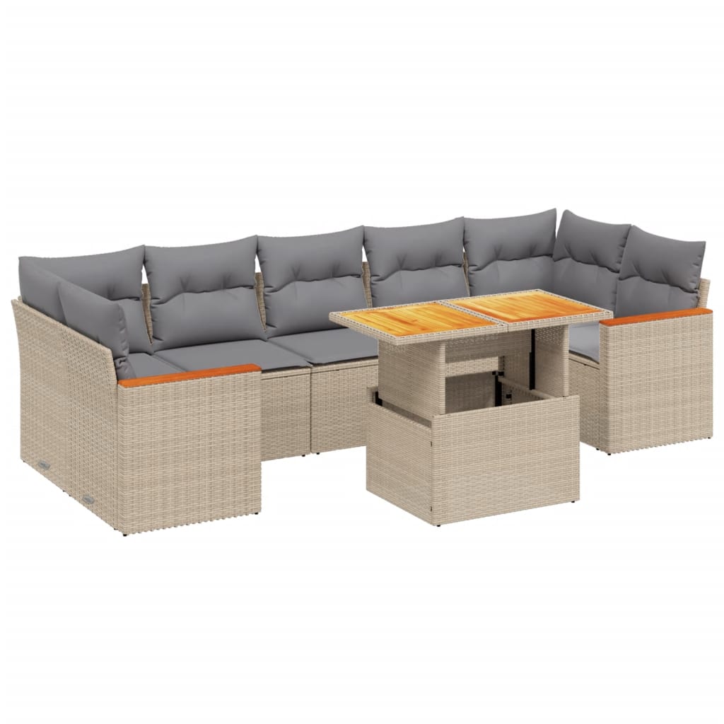 8-tlg. Garten-Sofagarnitur mit Kissen Beige Poly Rattan