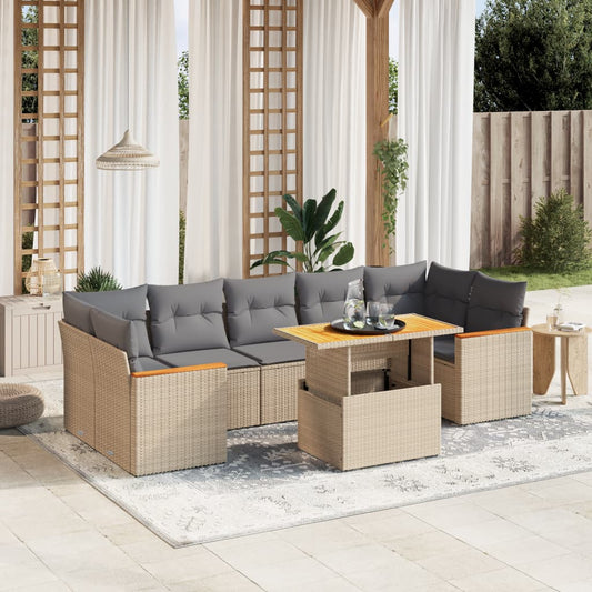 8-tlg. Garten-Sofagarnitur mit Kissen Beige Poly Rattan