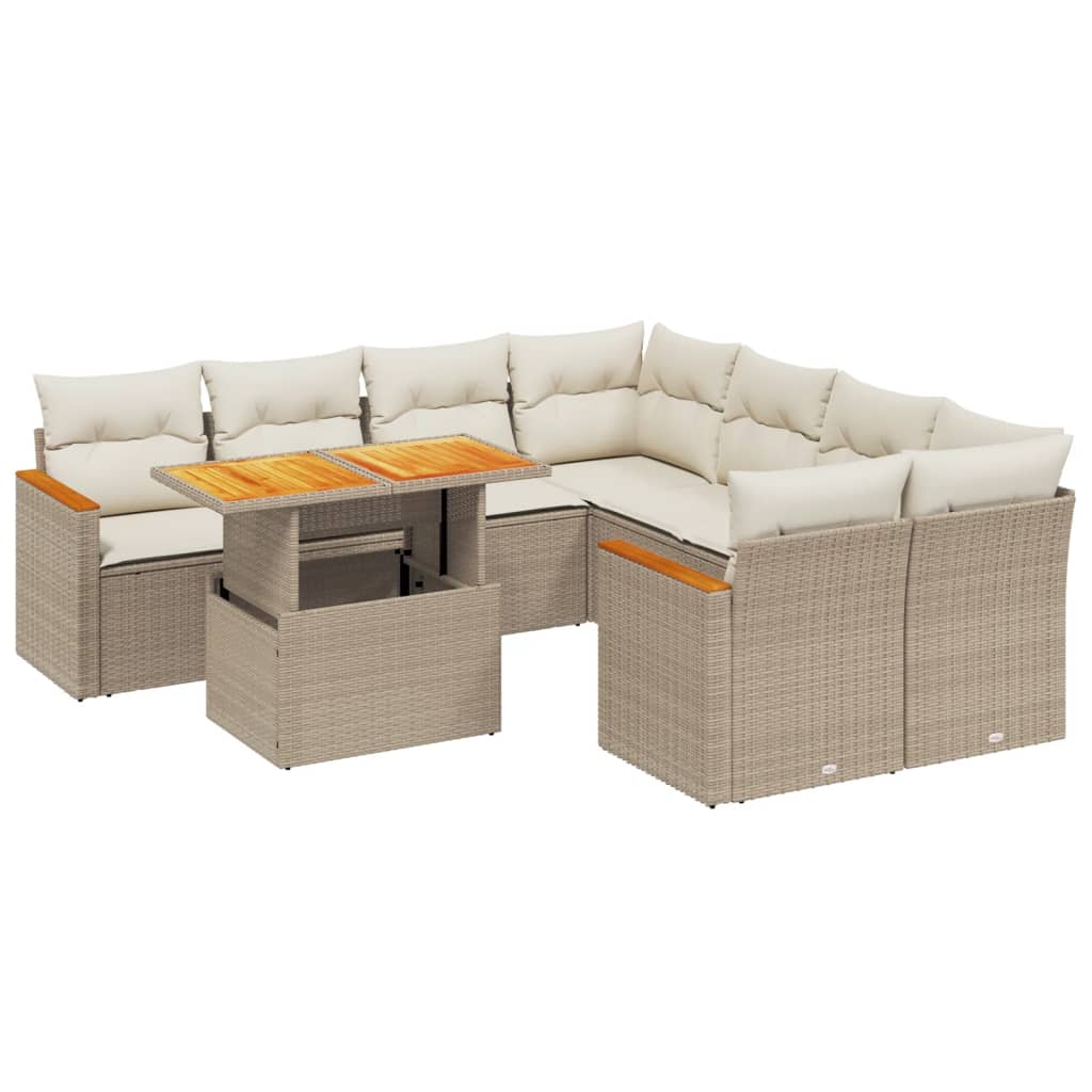 9-tlg. Garten-Sofagarnitur mit Kissen Beige Poly Rattan