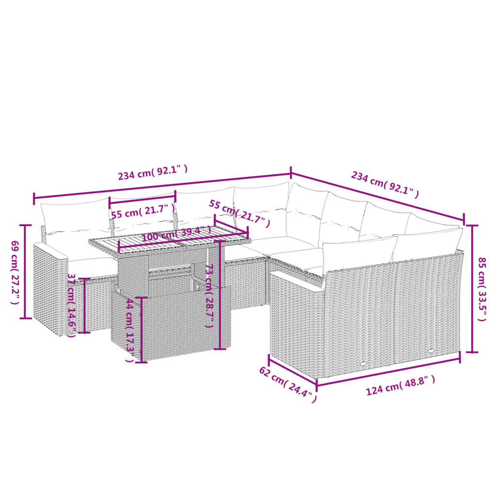 9-tlg. Garten-Sofagarnitur mit Kissen Beige Poly Rattan