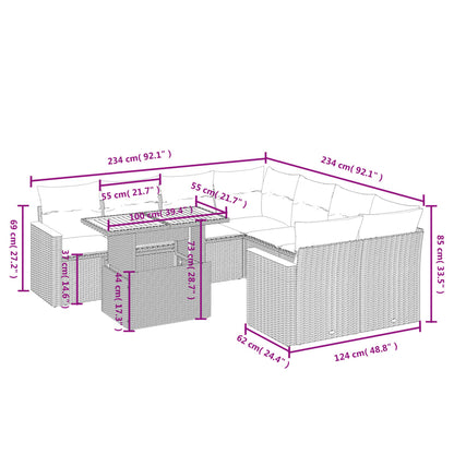 9-tlg. Garten-Sofagarnitur mit Kissen Beige Poly Rattan