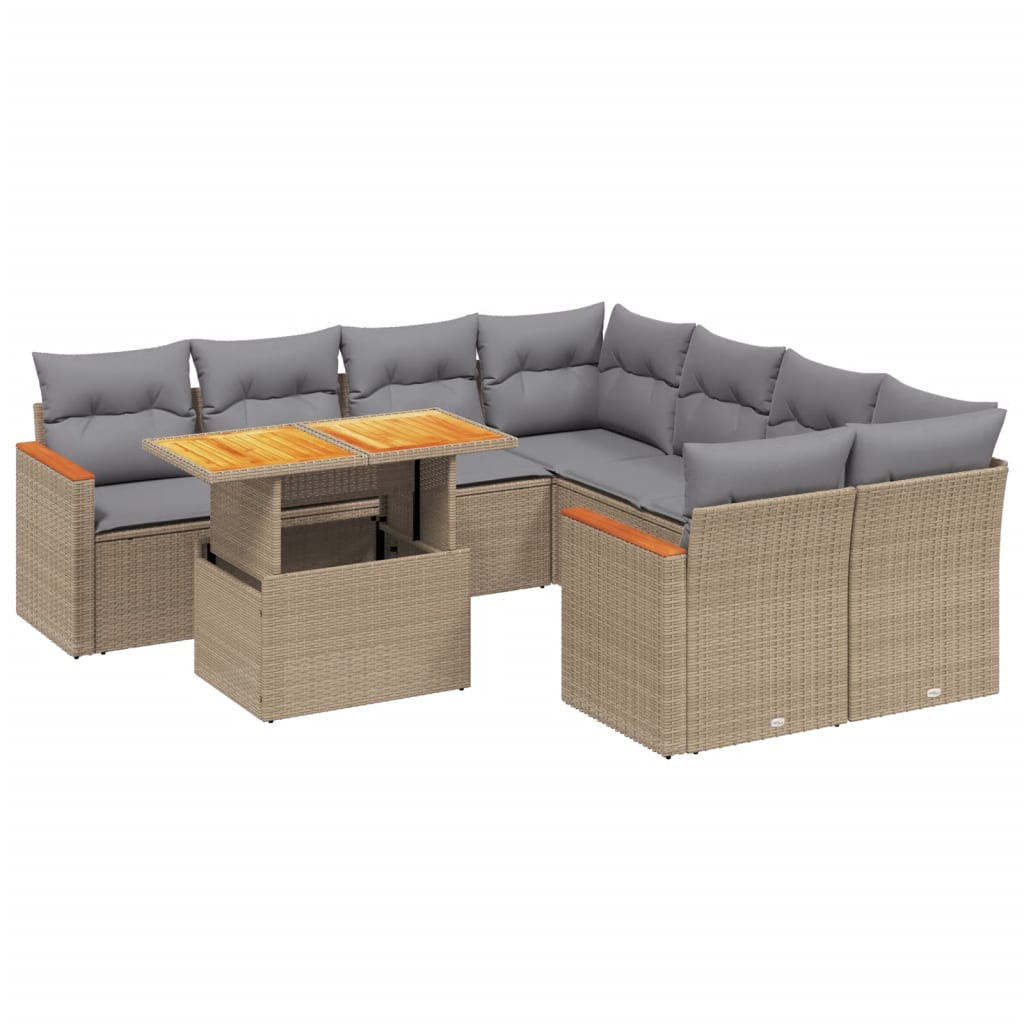 9-tlg. Garten-Sofagarnitur mit Kissen Beige Poly Rattan