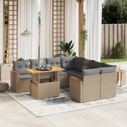 9-tlg. Garten-Sofagarnitur mit Kissen Beige Poly Rattan