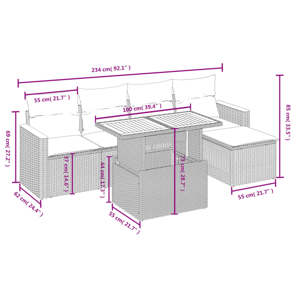 6-tlg. Garten-Sofagarnitur mit Kissen Beige Poly Rattan