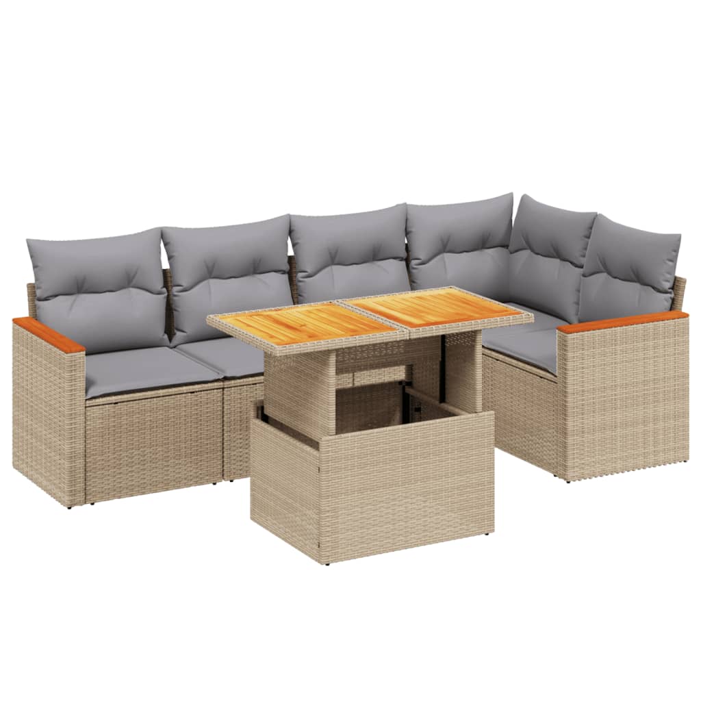 6-tlg. Garten-Sofagarnitur mit Kissen Beige Poly Rattan