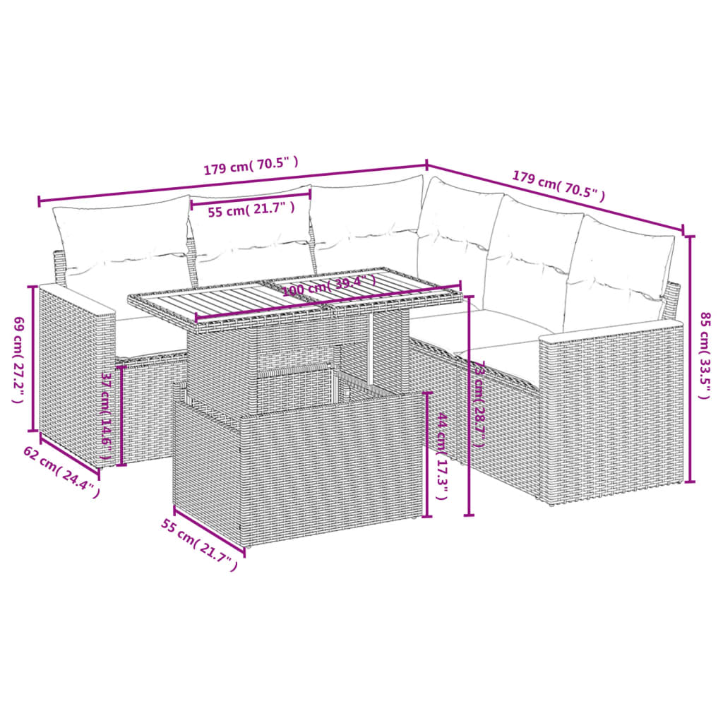 6-tlg. Garten-Sofagarnitur mit Kissen Beige Poly Rattan