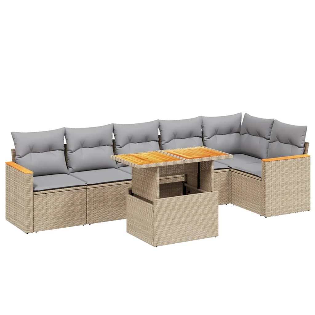 7-tlg. Garten-Sofagarnitur mit Kissen Beige Poly Rattan