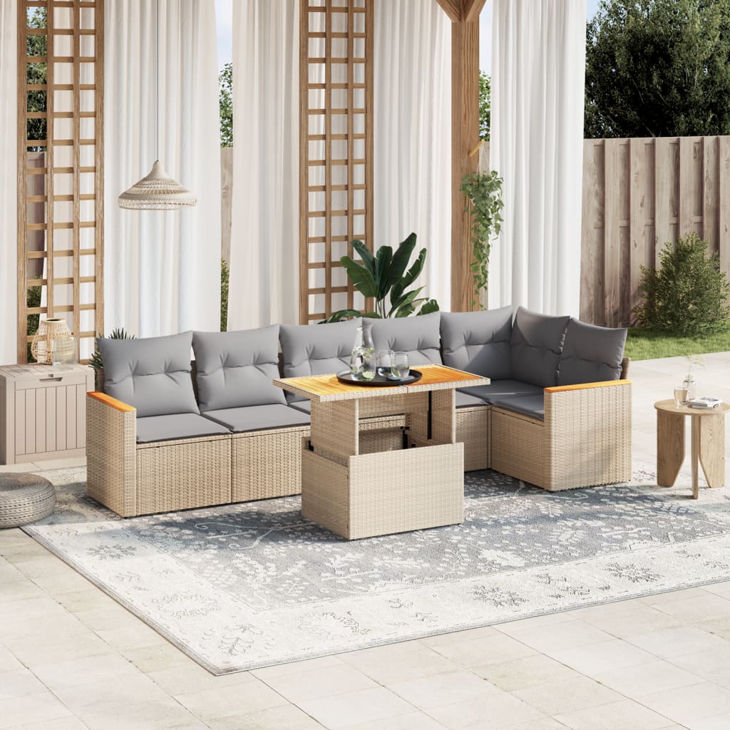 7-tlg. Garten-Sofagarnitur mit Kissen Beige Poly Rattan