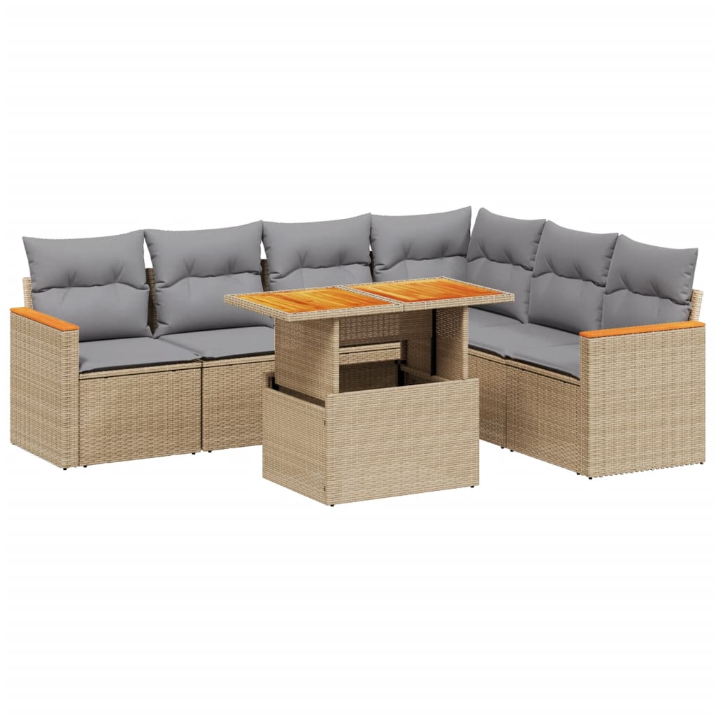 7-tlg. Garten-Sofagarnitur mit Kissen Beige Poly Rattan