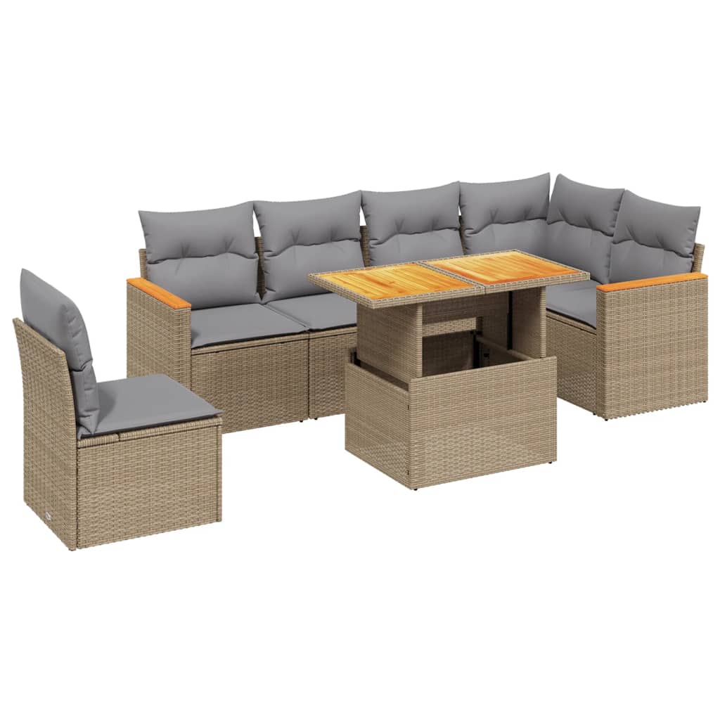 7-tlg. Garten-Sofagarnitur mit Kissen Beige Poly Rattan