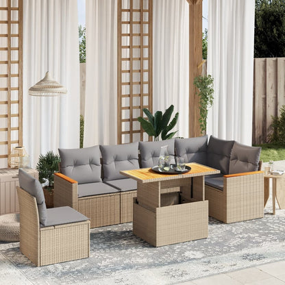 7-tlg. Garten-Sofagarnitur mit Kissen Beige Poly Rattan