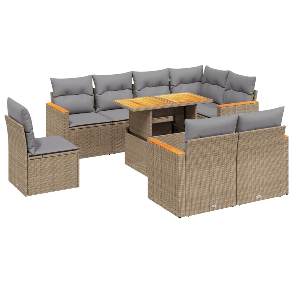 9-tlg. Garten-Sofagarnitur mit Kissen Beige Poly Rattan