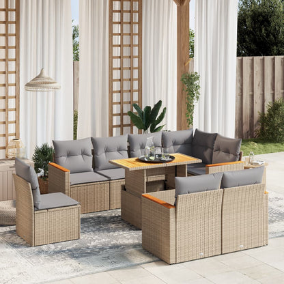 9-tlg. Garten-Sofagarnitur mit Kissen Beige Poly Rattan