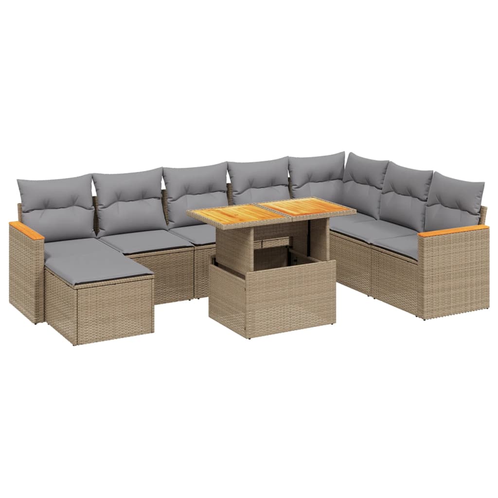 9-tlg. Garten-Sofagarnitur mit Kissen Beige Poly Rattan