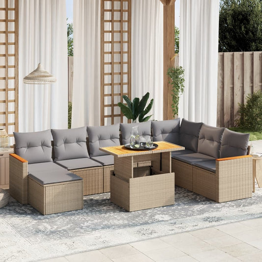 9-tlg. Garten-Sofagarnitur mit Kissen Beige Poly Rattan