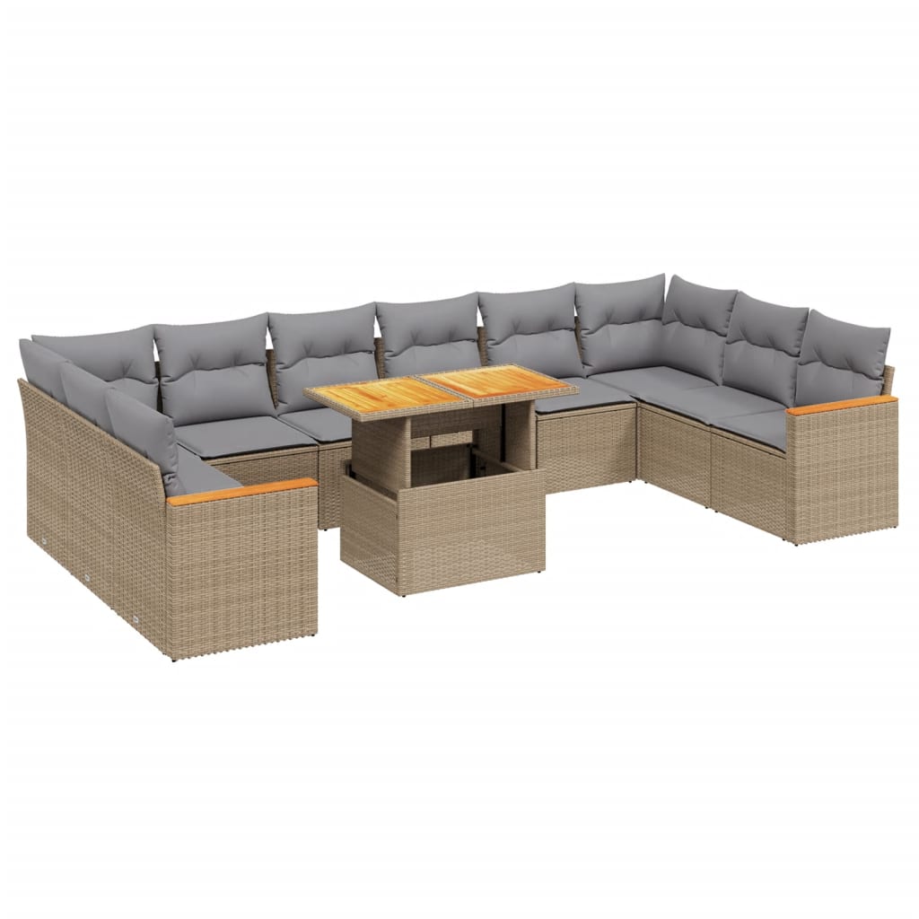 11-tlg. Garten-Sofagarnitur mit Kissen Beige Poly Rattan