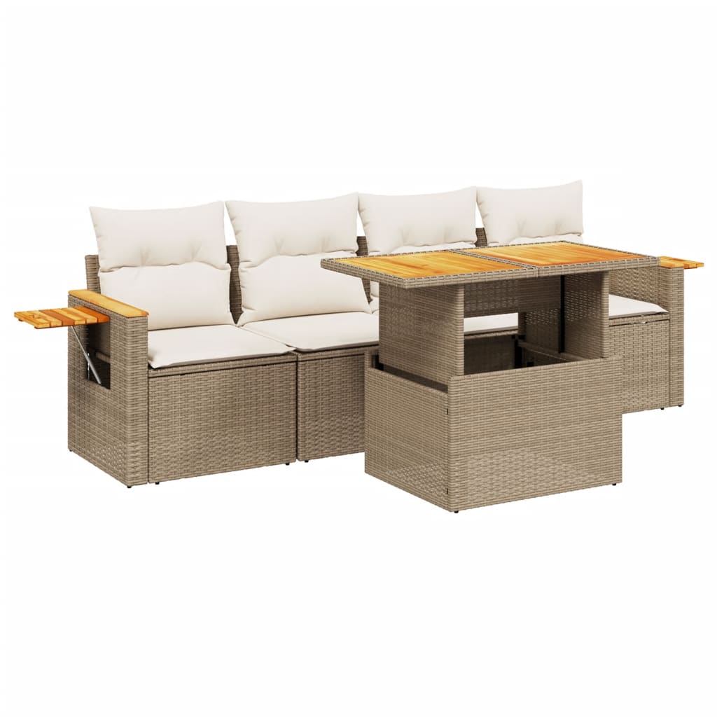 5-tlg. Garten-Sofagarnitur mit Kissen Beige Poly Rattan