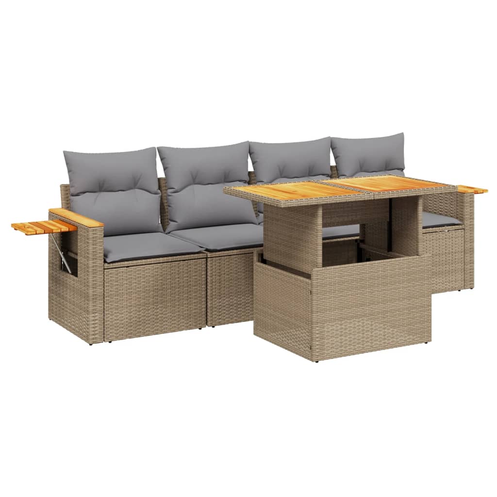 5-tlg. Garten-Sofagarnitur mit Kissen Beige Poly Rattan