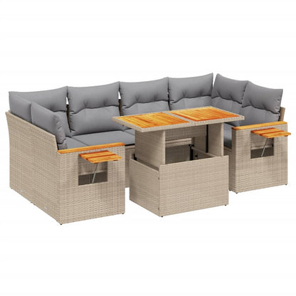 7-tlg. Garten-Sofagarnitur mit Kissen Beige Poly Rattan