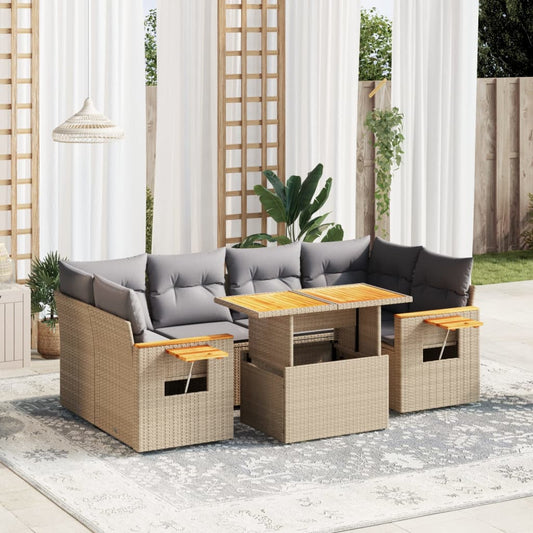 7-tlg. Garten-Sofagarnitur mit Kissen Beige Poly Rattan