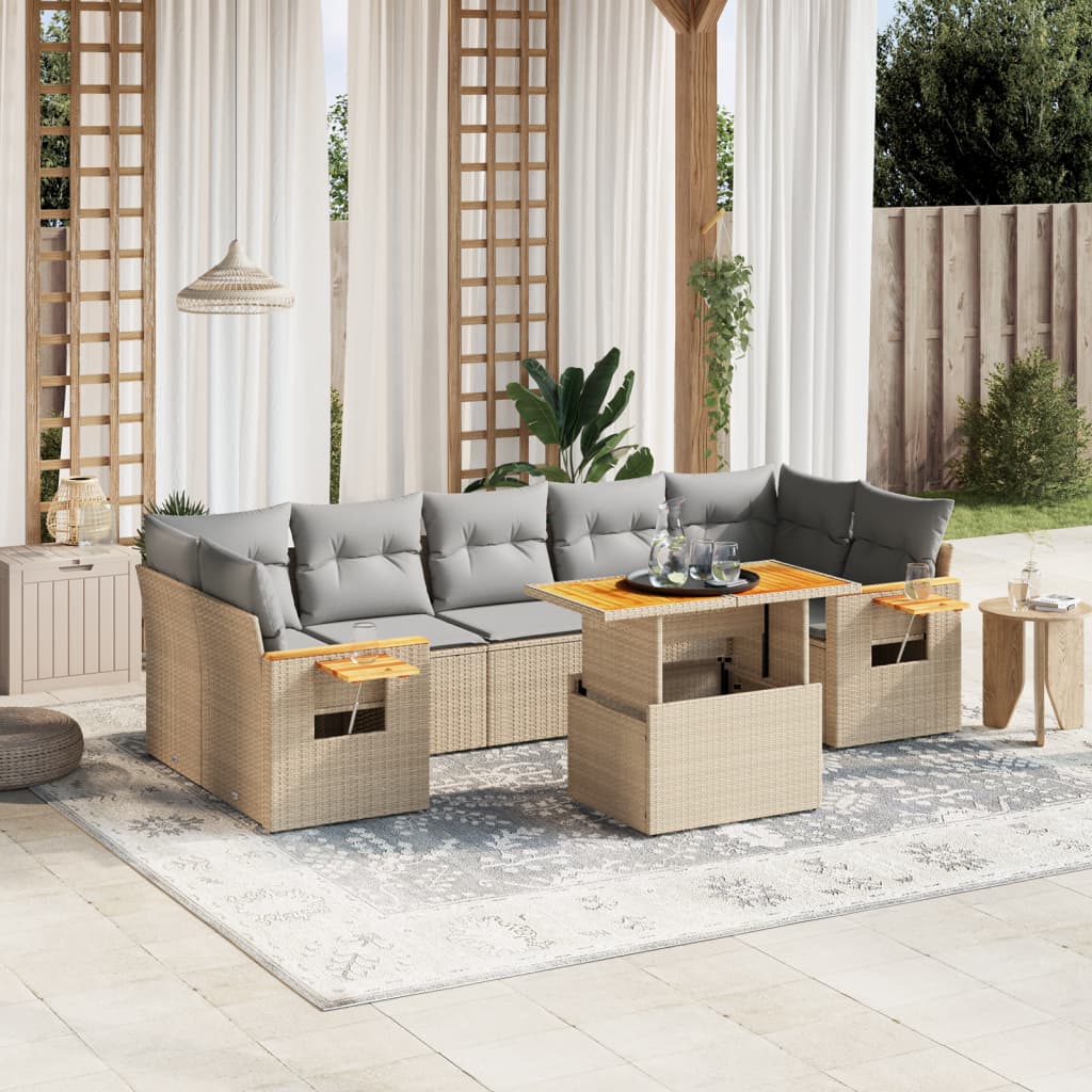 8-tlg. Garten-Sofagarnitur mit Kissen Beige Poly Rattan