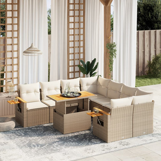 9-tlg. Garten-Sofagarnitur mit Kissen Beige Poly Rattan