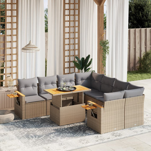 9-tlg. Garten-Sofagarnitur mit Kissen Beige Poly Rattan