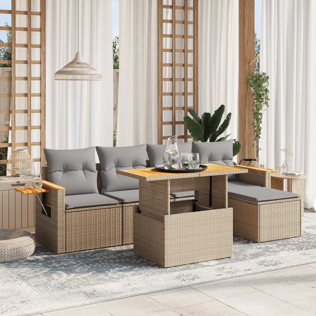 6-tlg. Garten-Sofagarnitur mit Kissen Beige Poly Rattan