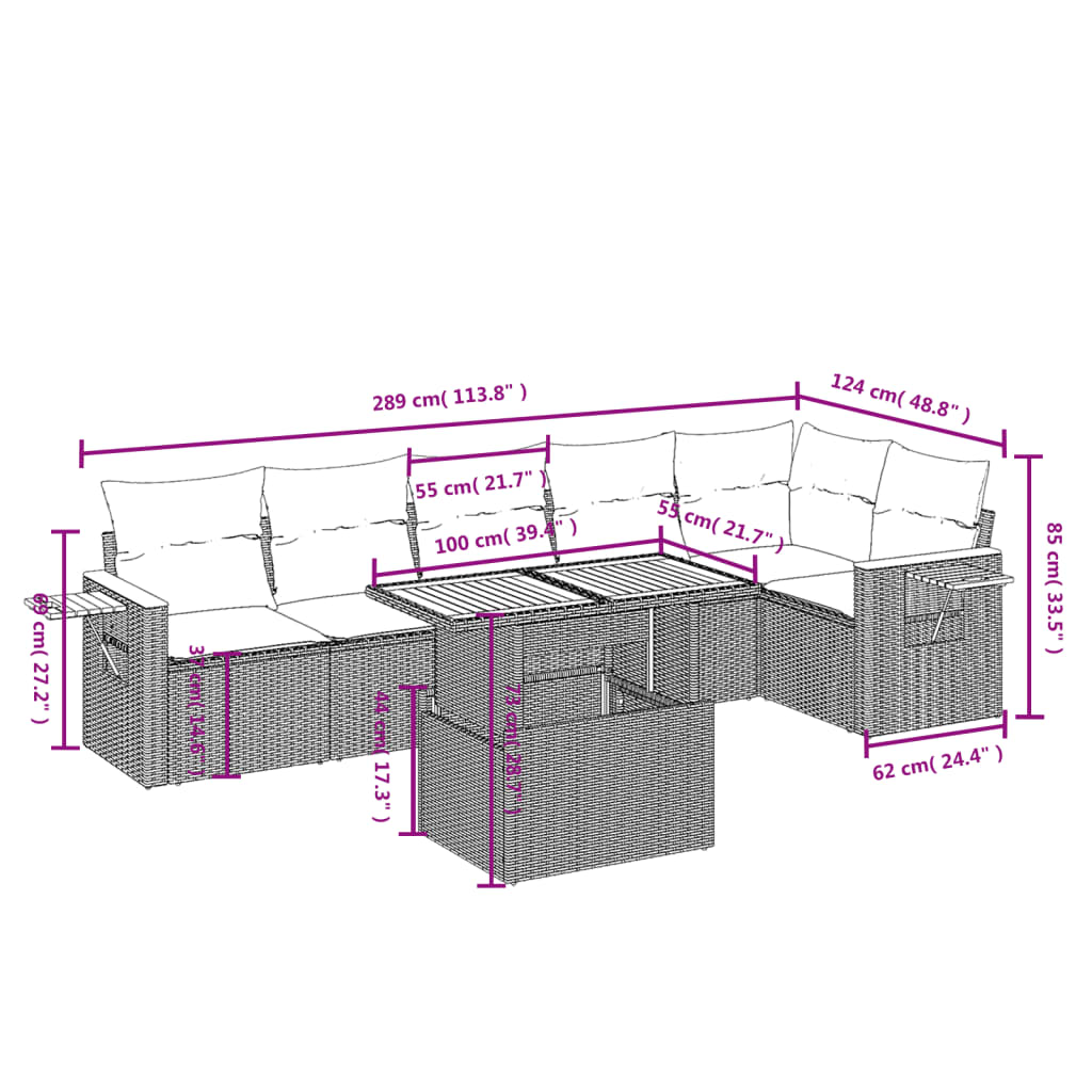 7-tlg. Garten-Sofagarnitur mit Kissen Beige Poly Rattan