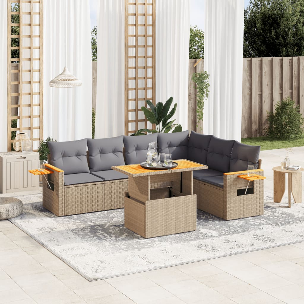 7-tlg. Garten-Sofagarnitur mit Kissen Beige Poly Rattan