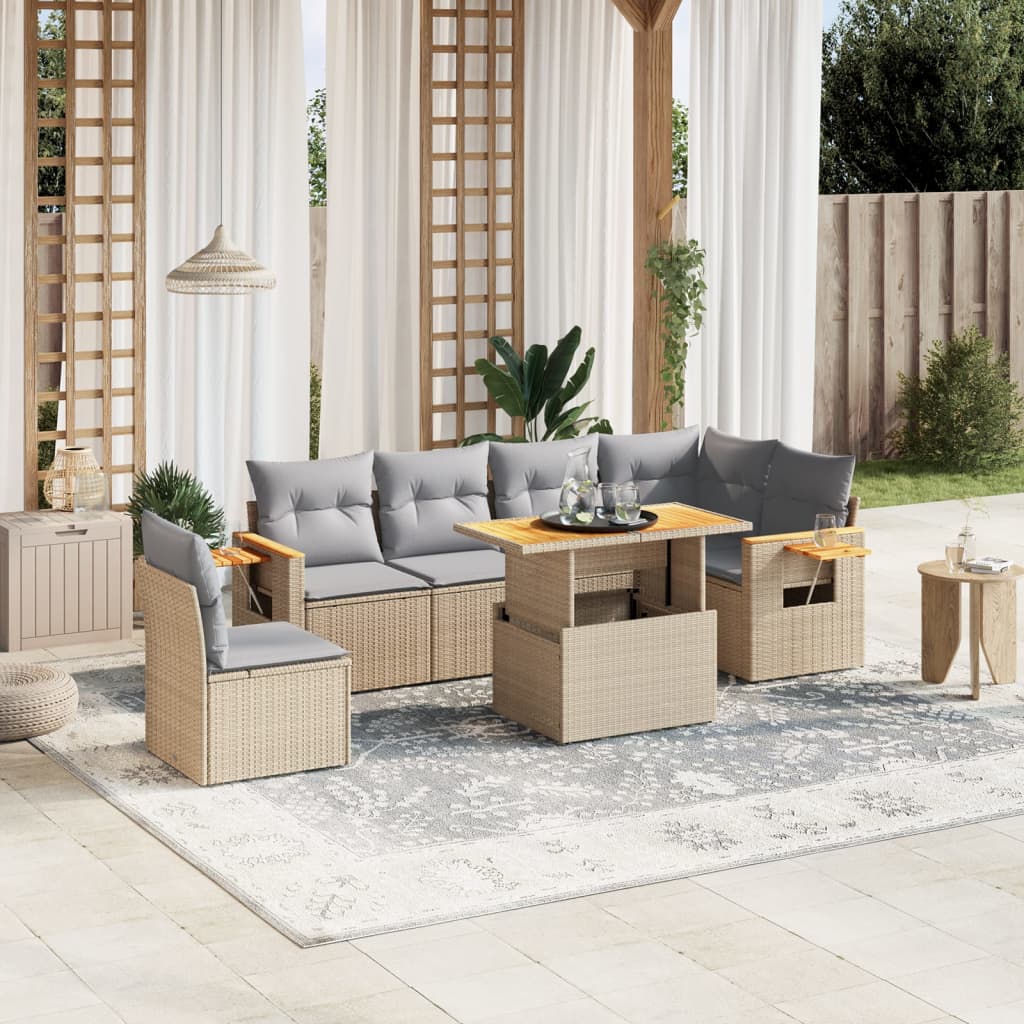 7-tlg. Garten-Sofagarnitur mit Kissen Beige Poly Rattan