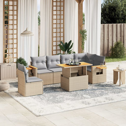 7-tlg. Garten-Sofagarnitur mit Kissen Beige Poly Rattan