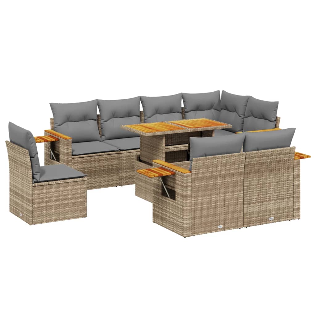 9-tlg. Garten-Sofagarnitur mit Kissen Beige Poly Rattan