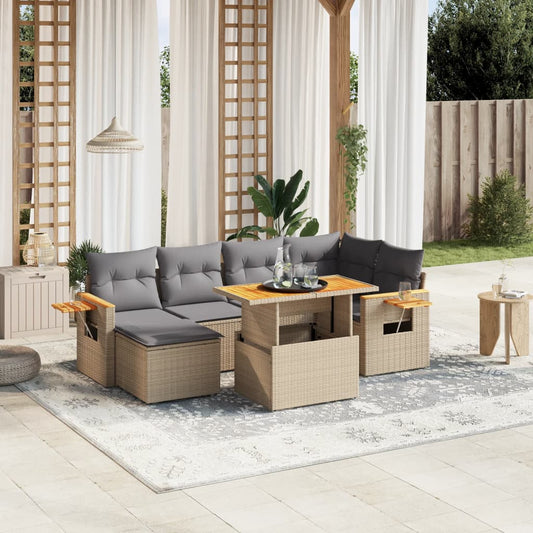 7-tlg. Garten-Sofagarnitur mit Kissen Beige Poly Rattan