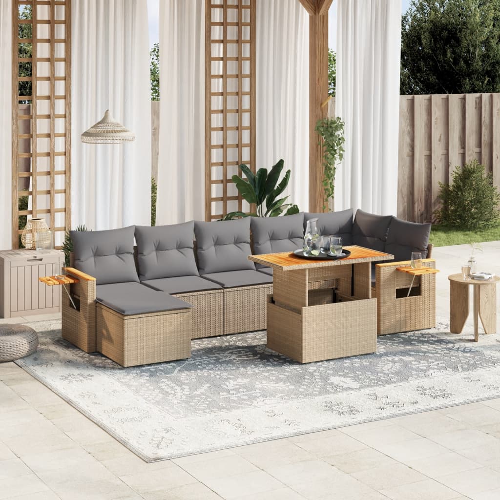 8-tlg. Garten-Sofagarnitur mit Kissen Beige Poly Rattan