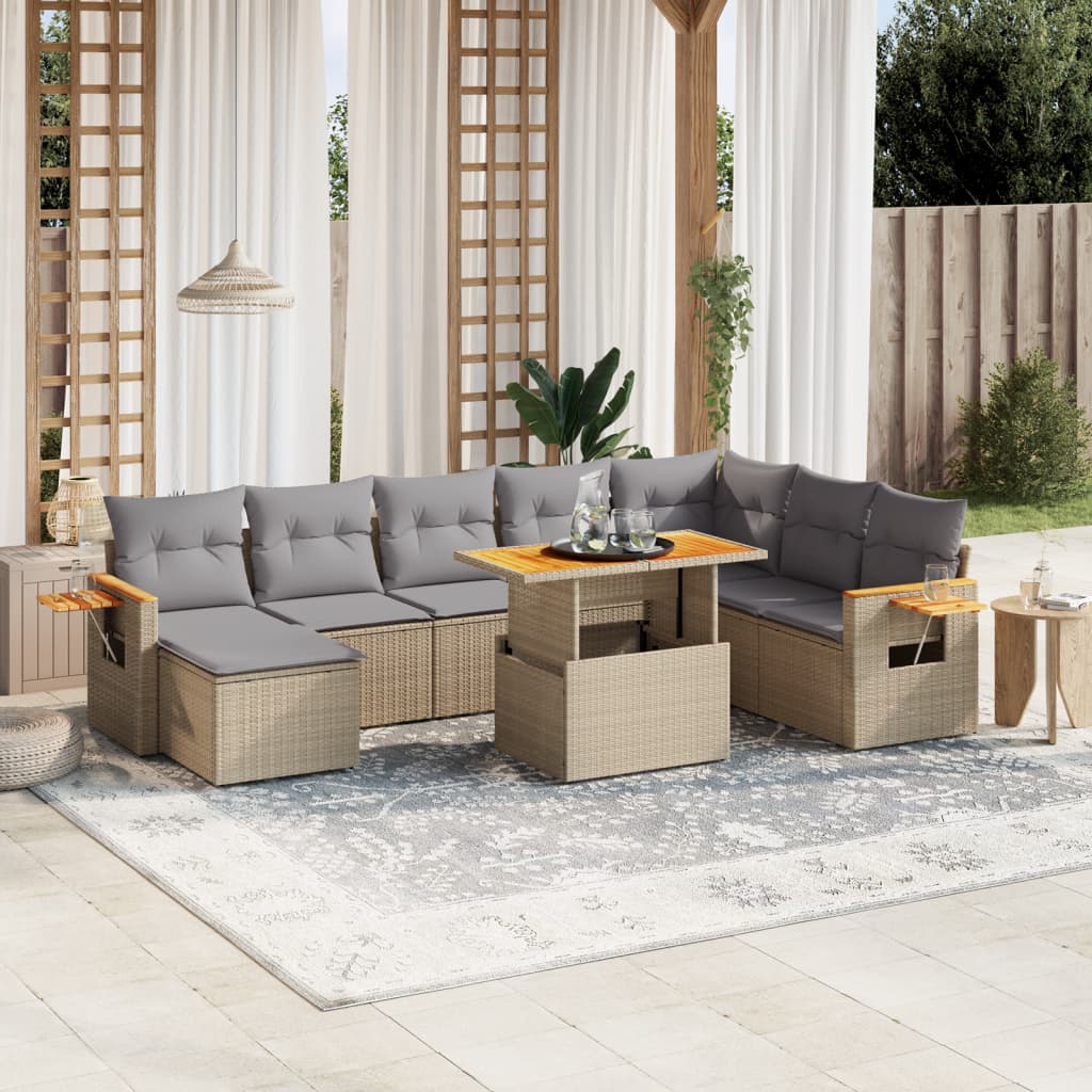 8-tlg. Garten-Sofagarnitur mit Kissen Beige Poly Rattan