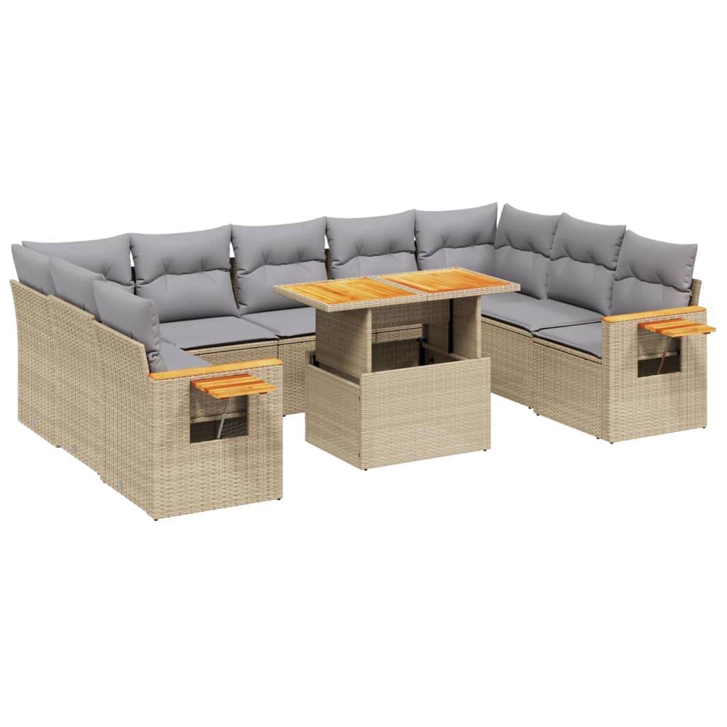 10-tlg. Garten-Sofagarnitur mit Kissen Beige Poly Rattan