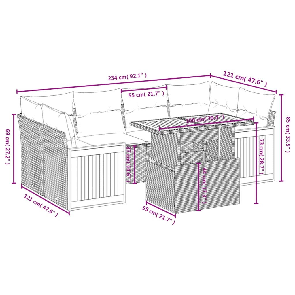 7-tlg. Garten-Sofagarnitur mit Kissen Beige Poly Rattan