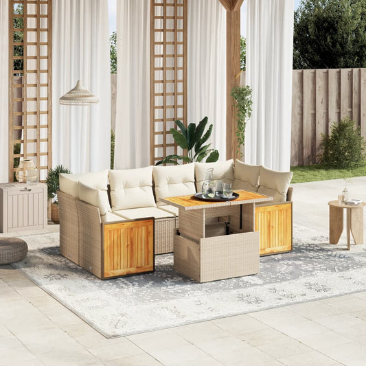 7-tlg. Garten-Sofagarnitur mit Kissen Beige Poly Rattan