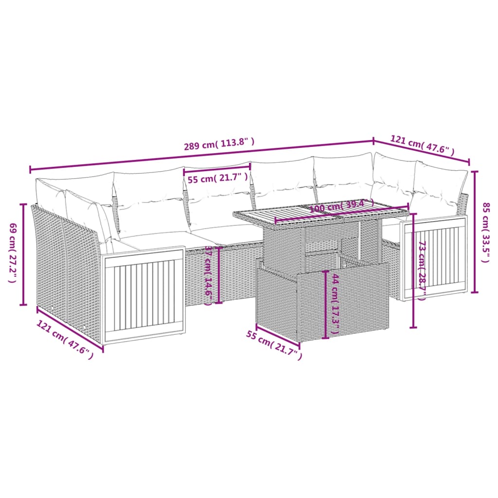 8-tlg. Garten-Sofagarnitur mit Kissen Beige Poly Rattan