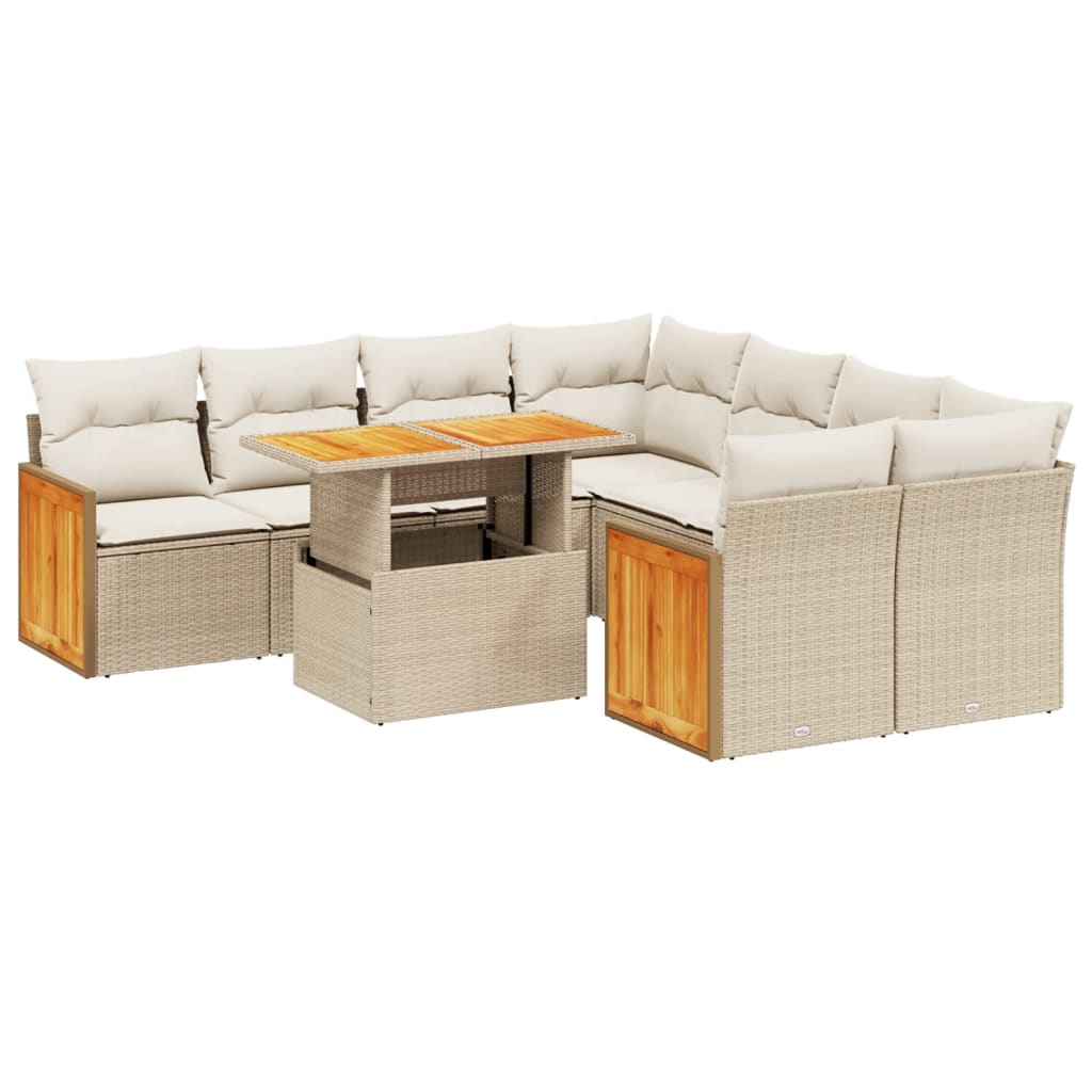 9-tlg. Garten-Sofagarnitur mit Kissen Beige Poly Rattan