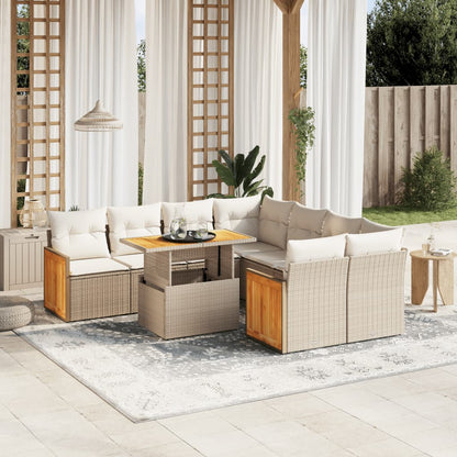 9-tlg. Garten-Sofagarnitur mit Kissen Beige Poly Rattan