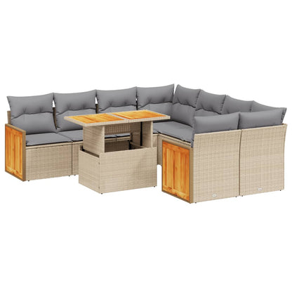 9-tlg. Garten-Sofagarnitur mit Kissen Beige Poly Rattan